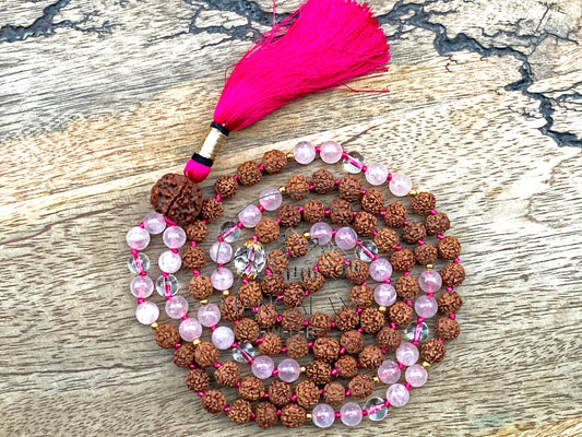 Love attraction mala Rose Quartz mala With 5 Mukhi rudraksha mala and clear Quartz Beads, Meditation Mala, Rose quartz Mala, Yoga Jewelry