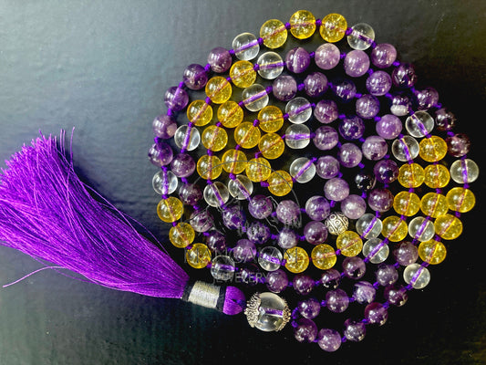 Banded Amethyst mala with citrine and Clear Quartz beads, Aura Protection mala, Master Healer Mala , Gift for Yoga lover