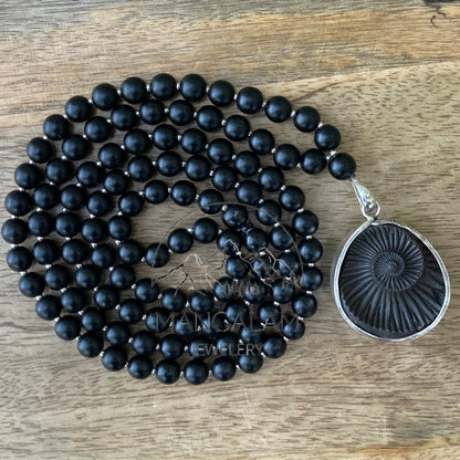 Shaligram Mala with Big Silver Shaligram Pendent ,Shaligram Necklace, Rosary Mala, Symbolic Necklace