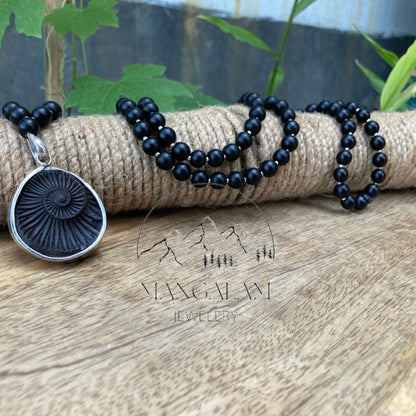 Shaligram Mala with Big Silver Shaligram Pendent ,Shaligram Necklace, Rosary Mala, Symbolic Necklace