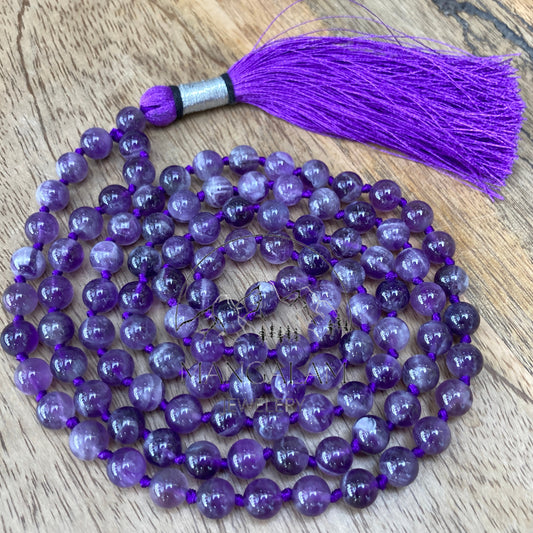 Banded Amethyst Mala 8MM, Banded Amethyst Necklace, 108 Mala Beads, Statement Necklace, Japa Mala, Gift For Yoga Lover, Handmade Jewelry