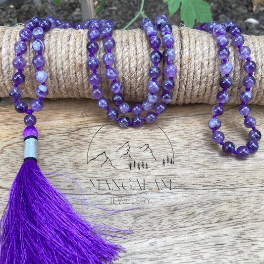 Banded Amethyst Mala 8MM, Banded Amethyst Necklace, 108 Mala Beads, Statement Necklace, Japa Mala, Gift For Yoga Lover, Handmade Jewelry