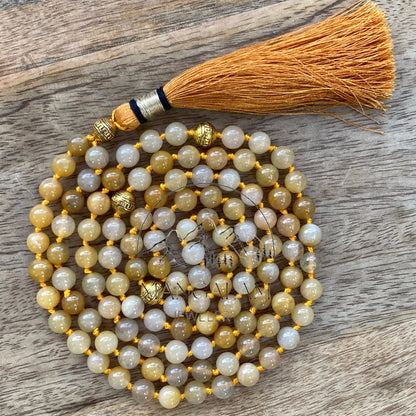 Yellow Aventurine Mantra Mala, Yellow Aventurine Necklace, 108 Beads Mala, Beaded Necklace, Knotted Mala, Solar Plexus Chakra Necklace,