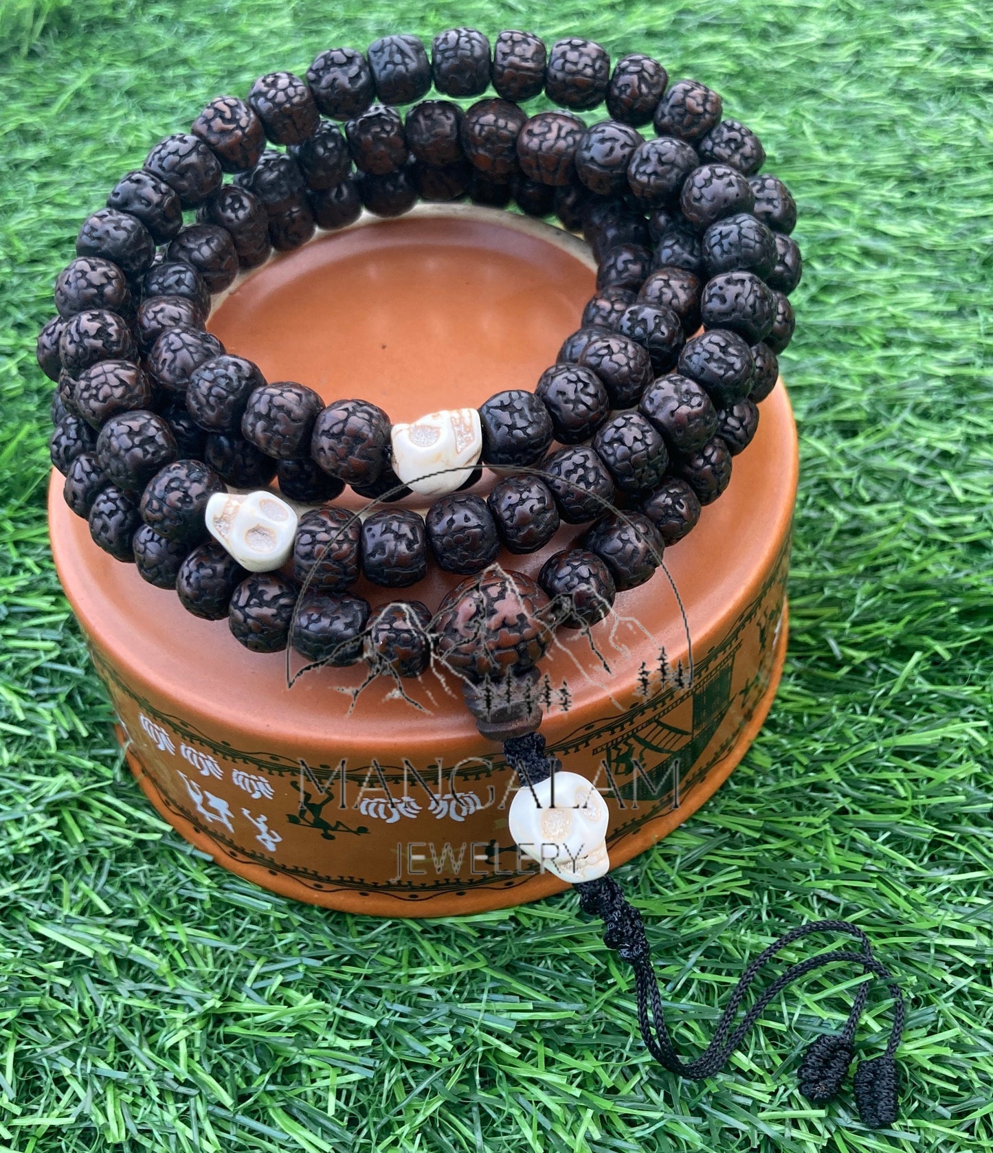 108 Natural Aged Dark Black Rudraksha Seed Mala Prayer Beads with Yak Bone Skull Beads, Sacred Rudraksha Japa Mala, Meditation Mala Rosary