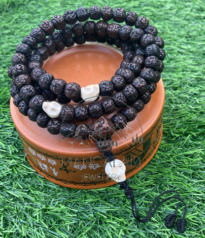 108 Natural Aged Dark Black Rudraksha Seed Mala Prayer Beads with Yak Bone Skull Beads, Sacred Rudraksha Japa Mala, Meditation Mala Rosary