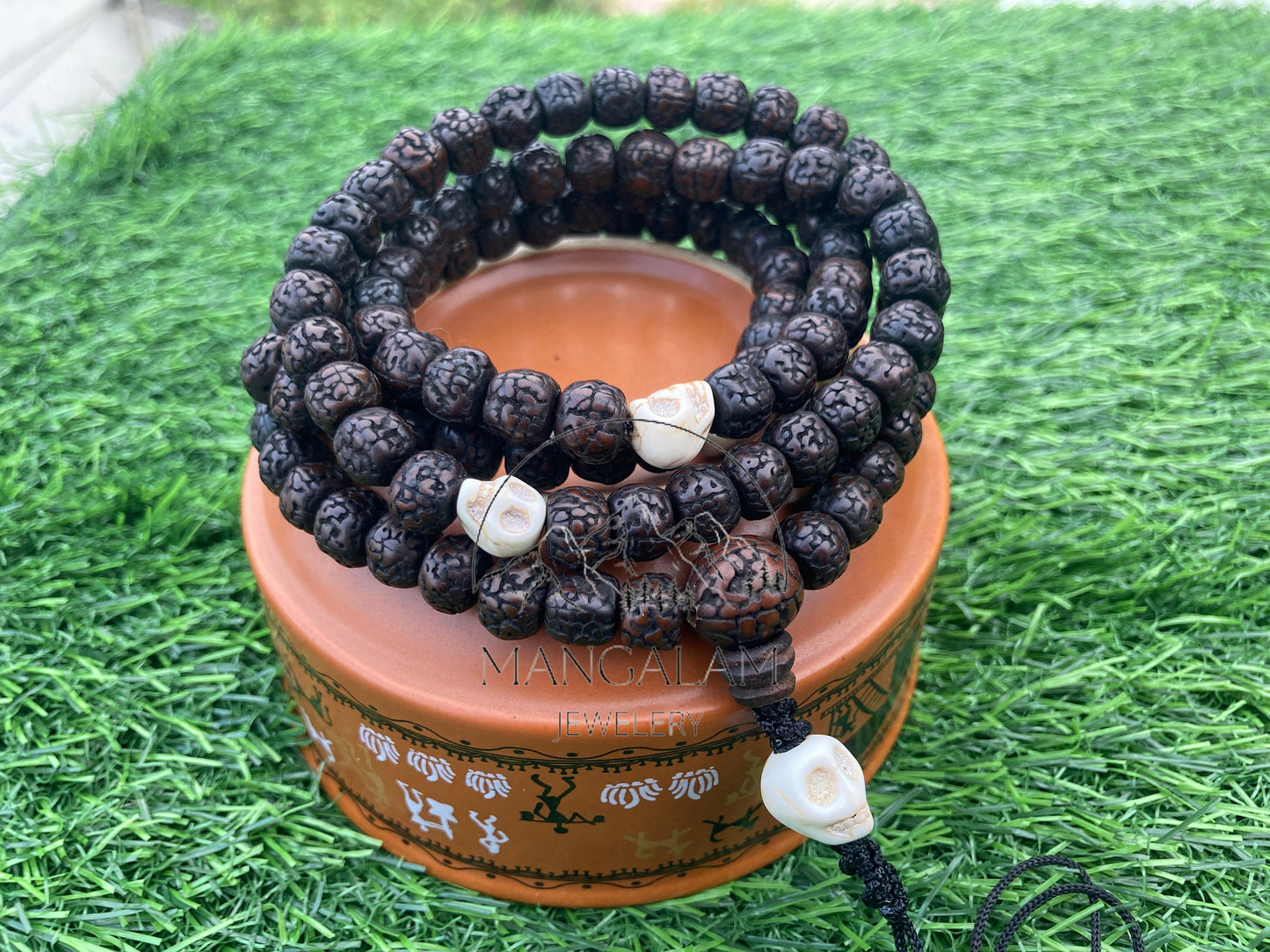 108 Natural Aged Dark Black Rudraksha Seed Mala Prayer Beads with Yak Bone Skull Beads, Sacred Rudraksha Japa Mala, Meditation Mala Rosary