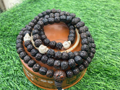 108 Natural Aged Dark Black Rudraksha Seed Mala Prayer Beads with Yak Bone Skull Beads, Sacred Rudraksha Japa Mala, Meditation Mala Rosary
