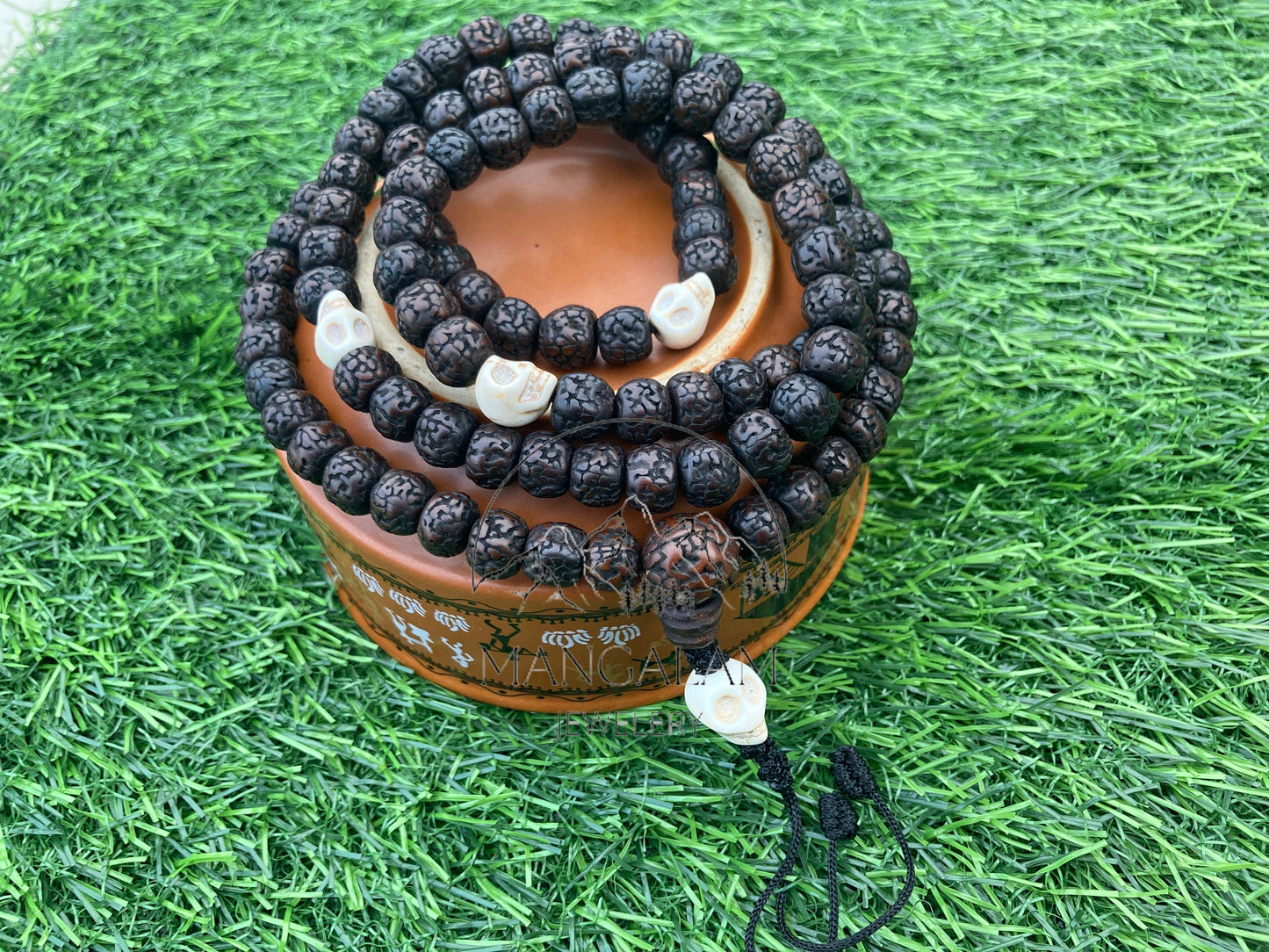108 Natural Aged Dark Black Rudraksha Seed Mala Prayer Beads with Yak Bone Skull Beads, Sacred Rudraksha Japa Mala, Meditation Mala Rosary