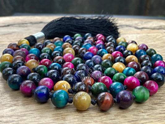 Multicolor Tigers Eye Mala 8mm, Hand Knotted Mala, Beads Necklace, Tiger Eye Necklace, Protection Necklace, 108 Mala Beads, Mala Necklace