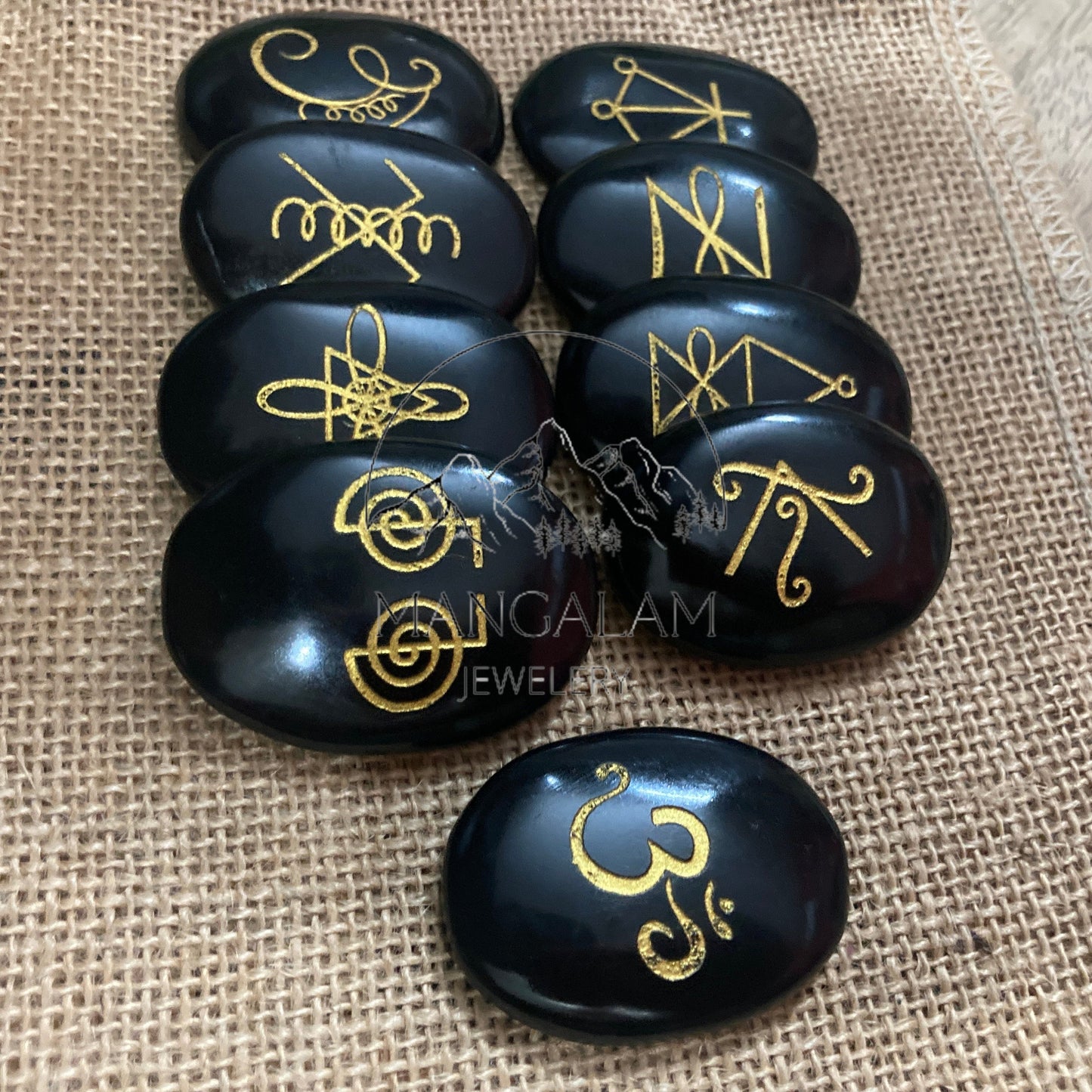 Karuna Reiki Set, Black Tourmaline Karuna Runes, Complete 9 Piece Crystal Engraved Karuna Symbol Reiki Runes, Black Tourmaline Reiki Set