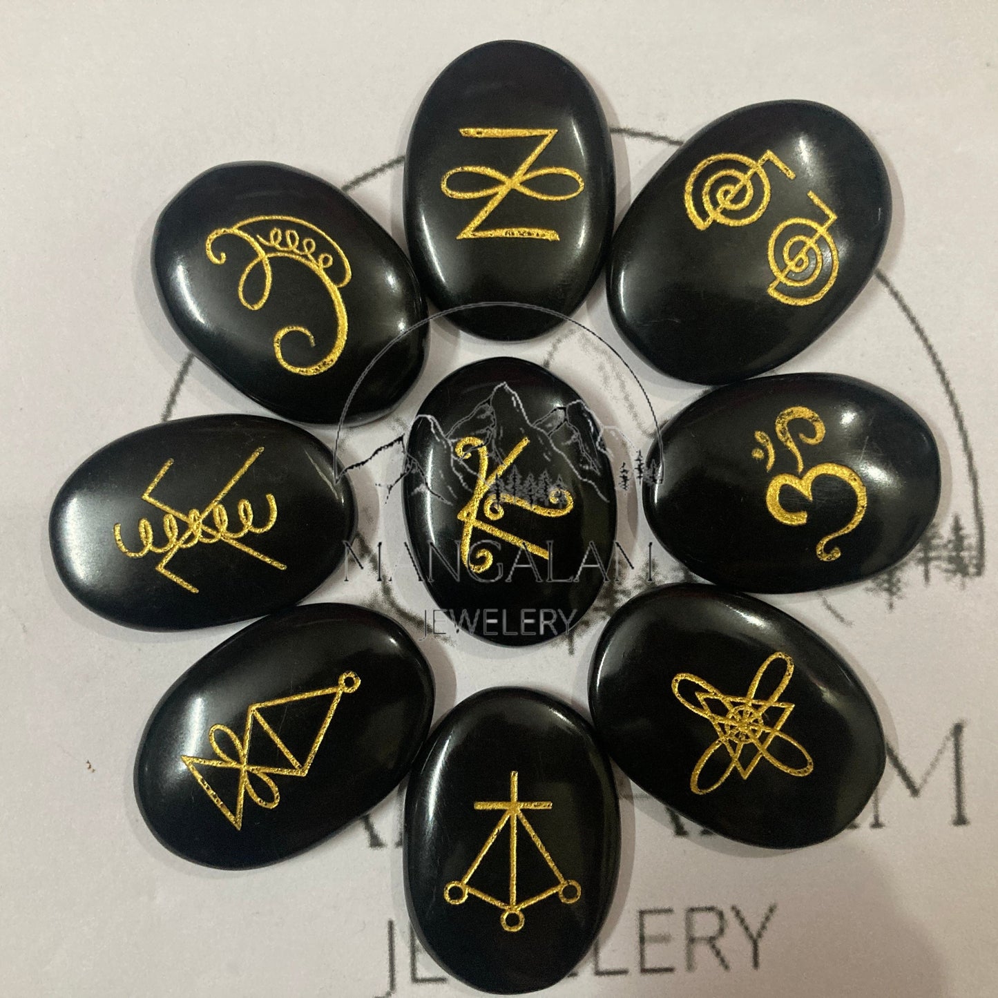 Karuna Reiki Set, Black Tourmaline Karuna Runes, Complete 9 Piece Crystal Engraved Karuna Symbol Reiki Runes, Black Tourmaline Reiki Set