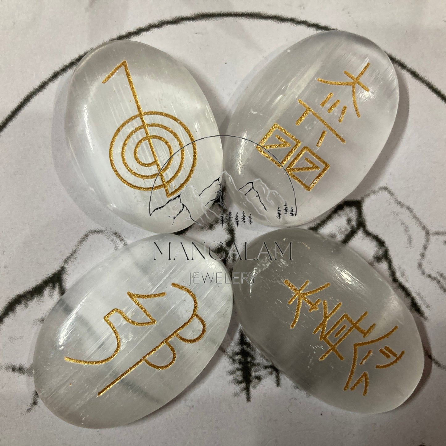 Selenite Stone Set of 4 Pcs with Usui Reiki Symbols, Reiki Disc Set, Engraved Usui Reiki Symbols Disc Set, Healing Crystals, Palm Stone