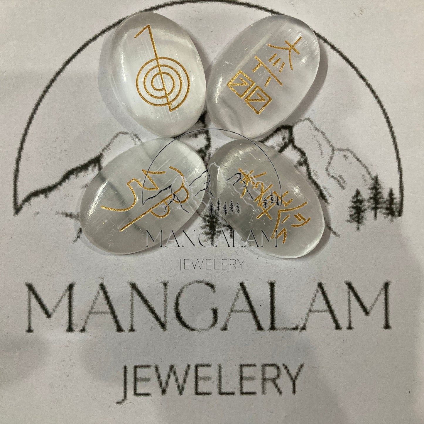 Selenite Stone Set of 4 Pcs with Usui Reiki Symbols, Reiki Disc Set, Engraved Usui Reiki Symbols Disc Set, Healing Crystals, Palm Stone