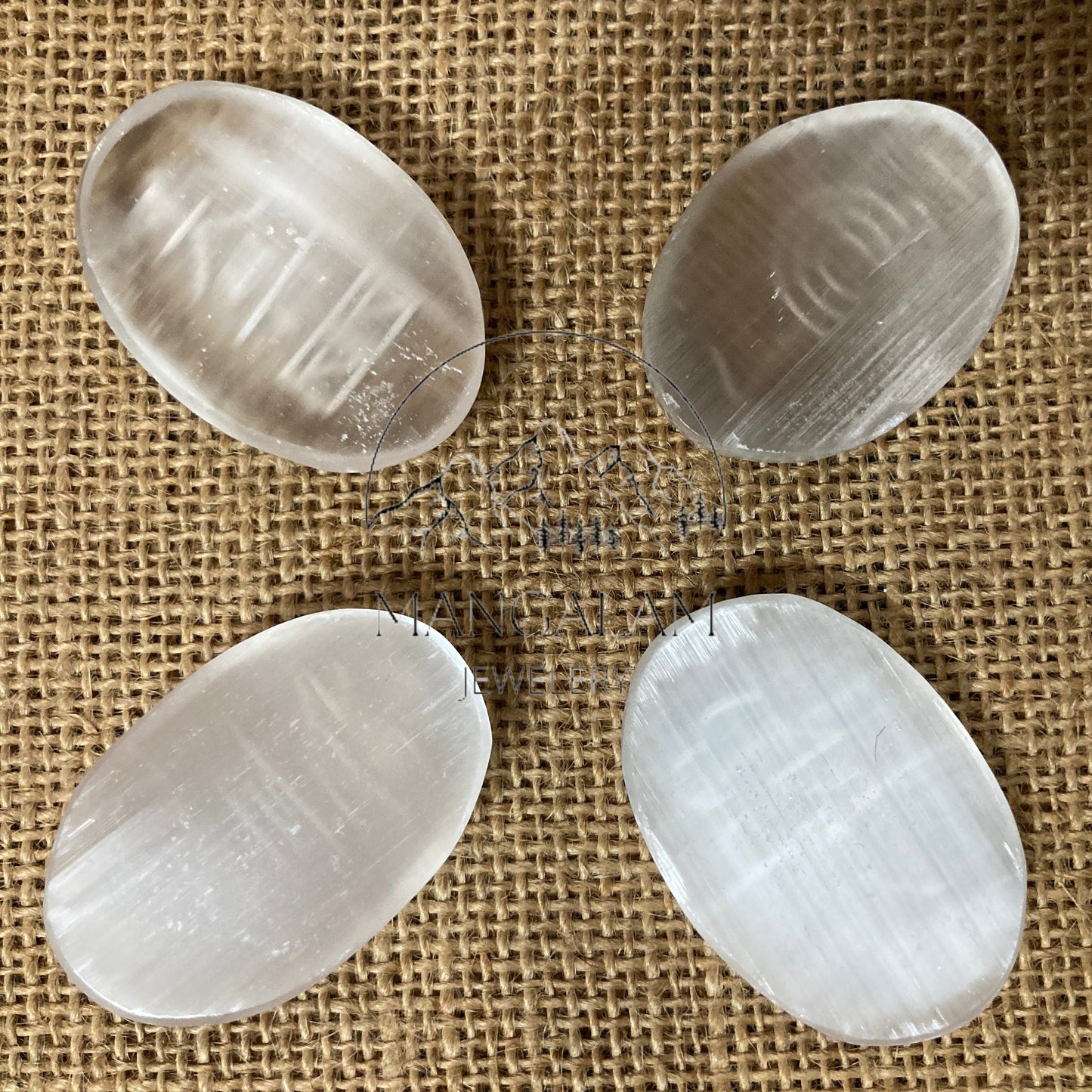 Selenite Stone Set of 4 Pcs with Usui Reiki Symbols, Reiki Disc Set, Engraved Usui Reiki Symbols Disc Set, Healing Crystals, Palm Stone