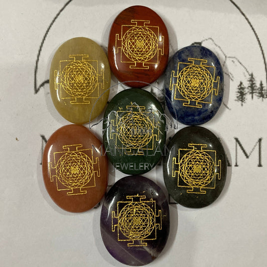 7 Chakra Crystal Set With Sri Yantra Symbol, Engraved Disc Set, Chakra Balancing Kit, Tumbles Stones