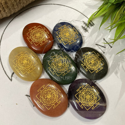 7 Chakra Crystal Set With Sri Yantra Symbol, Engraved Disc Set, Chakra Balancing Kit, Tumbles Stones