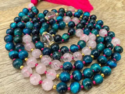 Light Blue Tiger Eye, Mantra Mala, With Rose Quartz Beads, Japa Mala, Clear Quarz Mantra Beads, 108 Bead mala