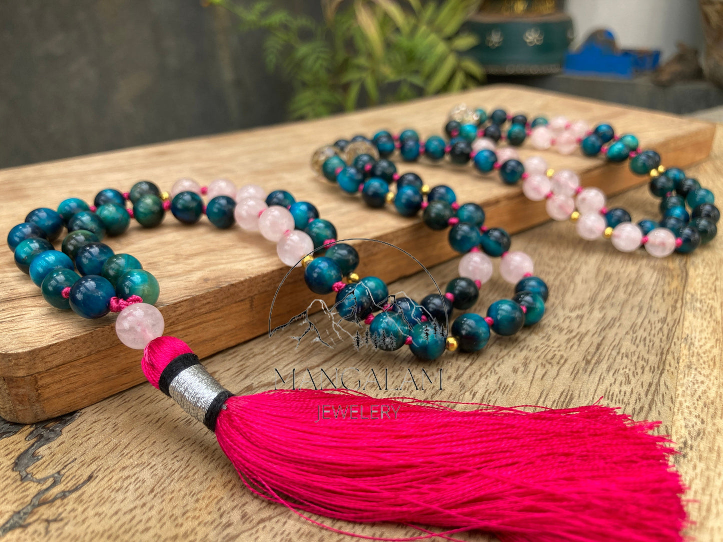 Light Blue Tiger Eye, Mantra Mala, With Rose Quartz Beads, Japa Mala, Clear Quarz Mantra Beads, 108 Bead mala