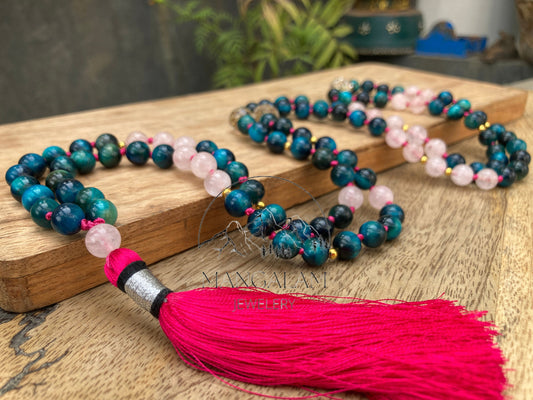 Light Blue Tiger Eye, Mantra Mala, With Rose Quartz Beads, Japa Mala, Clear Quarz Mantra Beads, 108 Bead mala