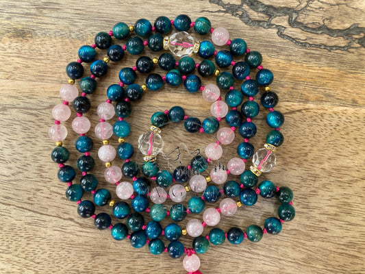 Light Blue Tiger Eye, Mantra Mala, With Rose Quartz Beads, Japa Mala, Clear Quarz Mantra Beads, 108 Bead mala