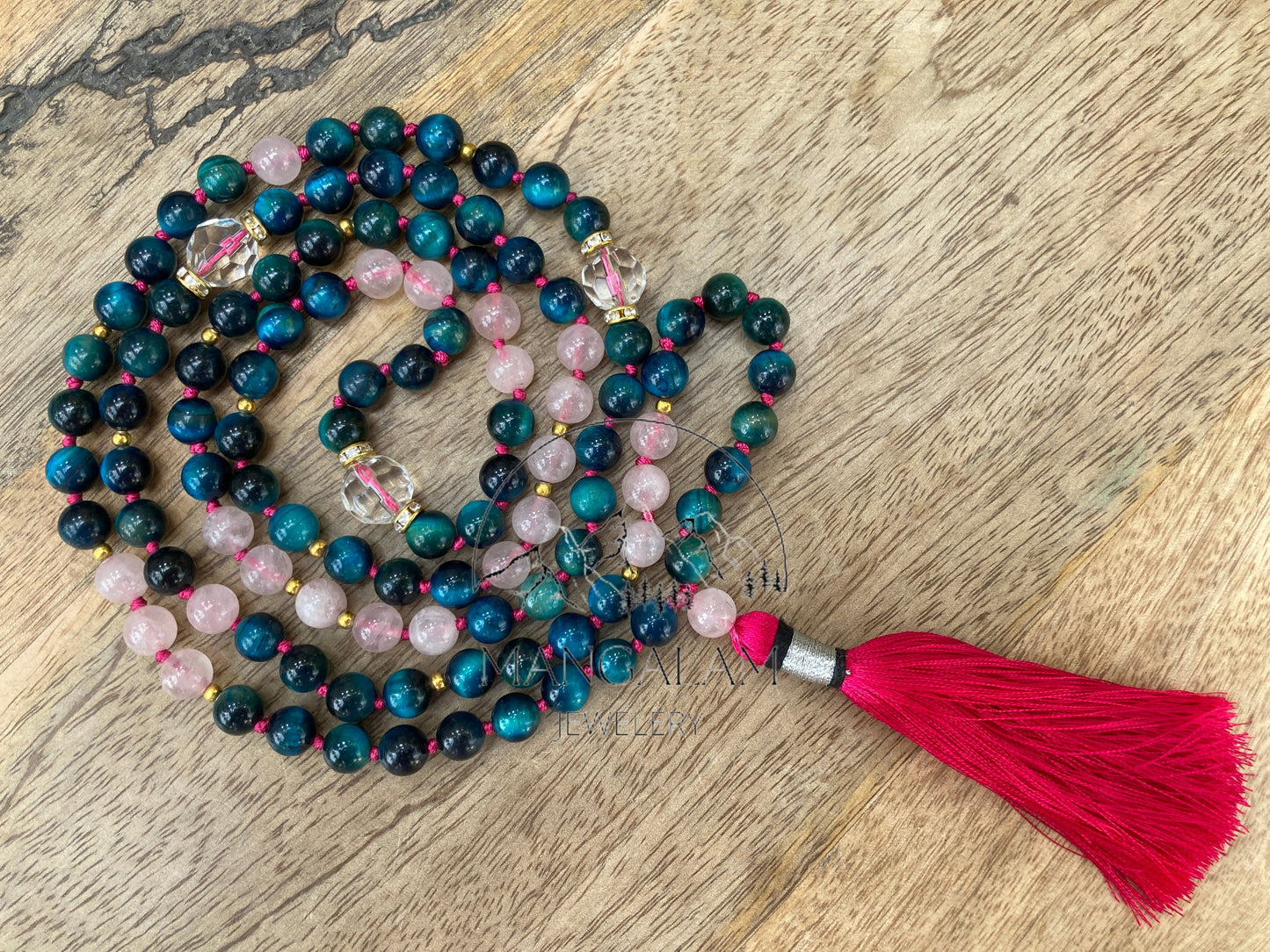 Light Blue Tiger Eye, Mantra Mala, With Rose Quartz Beads, Japa Mala, Clear Quarz Mantra Beads, 108 Bead mala