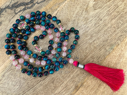 Light Blue Tiger Eye, Mantra Mala, With Rose Quartz Beads, Japa Mala, Clear Quarz Mantra Beads, 108 Bead mala