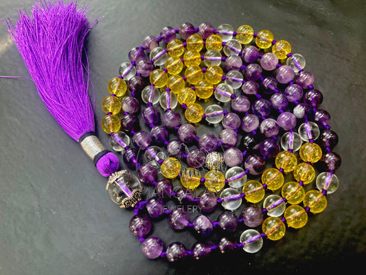 Banded Amethyst mala with citrine and Clear Quartz beads, Aura Protection mala, Master Healer Mala , Gift for Yoga lover