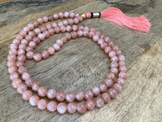 Moonstone Necklace Mala 8mm 108 Beads Tassel Necklace, Golden Guru Beads Necklace mala, Plain Round beads Prayer Mala, Gemstone Mala