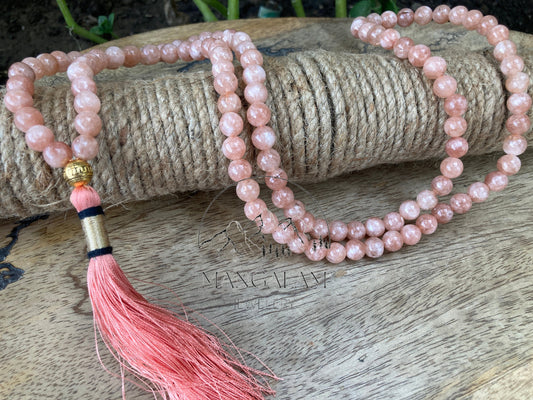 Moonstone Necklace Mala 8mm 108 Beads Tassel Necklace, Golden Guru Beads Necklace mala, Plain Round beads Prayer Mala, Gemstone Mala