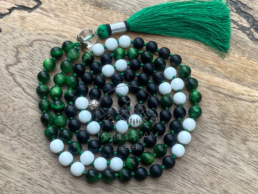 Green tiger Eye Mala, Tiger Eye Necklace, White Agate Necklace, Matte agate Beads, 108 Bead Mala, HandKnotted Jewelery