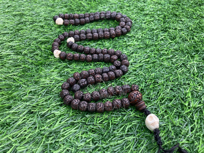108 Natural Aged Dark Black Rudraksha Seed Mala Prayer Beads with Yak Bone Skull Beads, Sacred Rudraksha Japa Mala, Meditation Mala Rosary