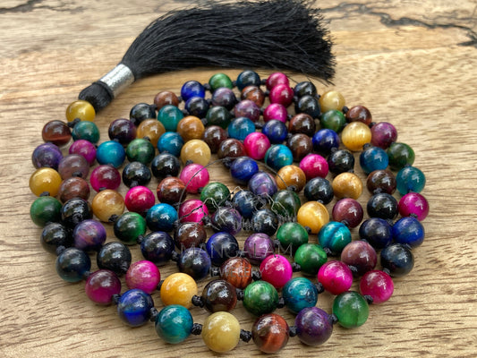 Multicolor Tigers Eye Mala 8mm, Hand Knotted Mala, Beads Necklace, Tiger Eye Necklace, Protection Necklace, 108 Mala Beads, Mala Necklace