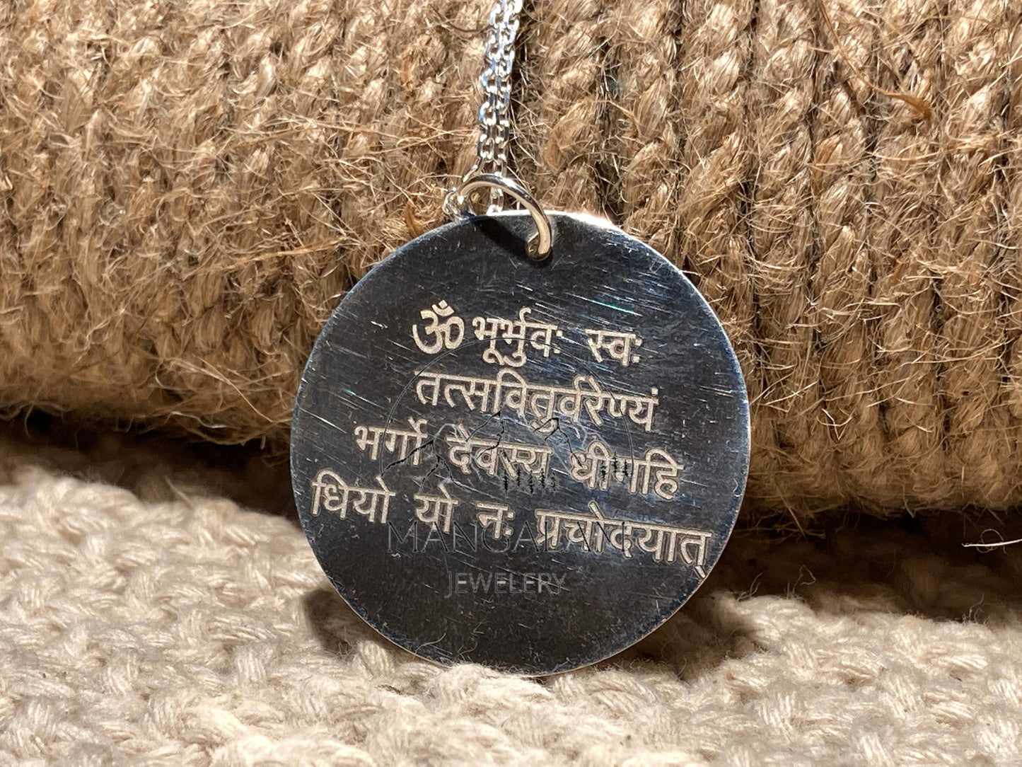 Gayatri mantra Pendent in Silver Coin Mantra Charm- Silver Pendant, Gayatri Mantra Pendent Custom Engraved Necklace,