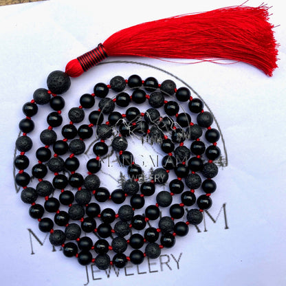 Earth's Elemental Harmony Mala Necklace, Volcanic Lava, Matte Black Onyx, Black Obsidian Beads Mala Necklace, 108 Mala Beads