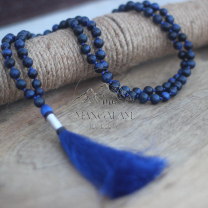 Courage Mala, Blue Tiger Eye Necklace, Blue Tiger Eye Mala, Prayer Beads, Hawks Eye Necklace, 108 Mala Beads, Hawks Eye Mala