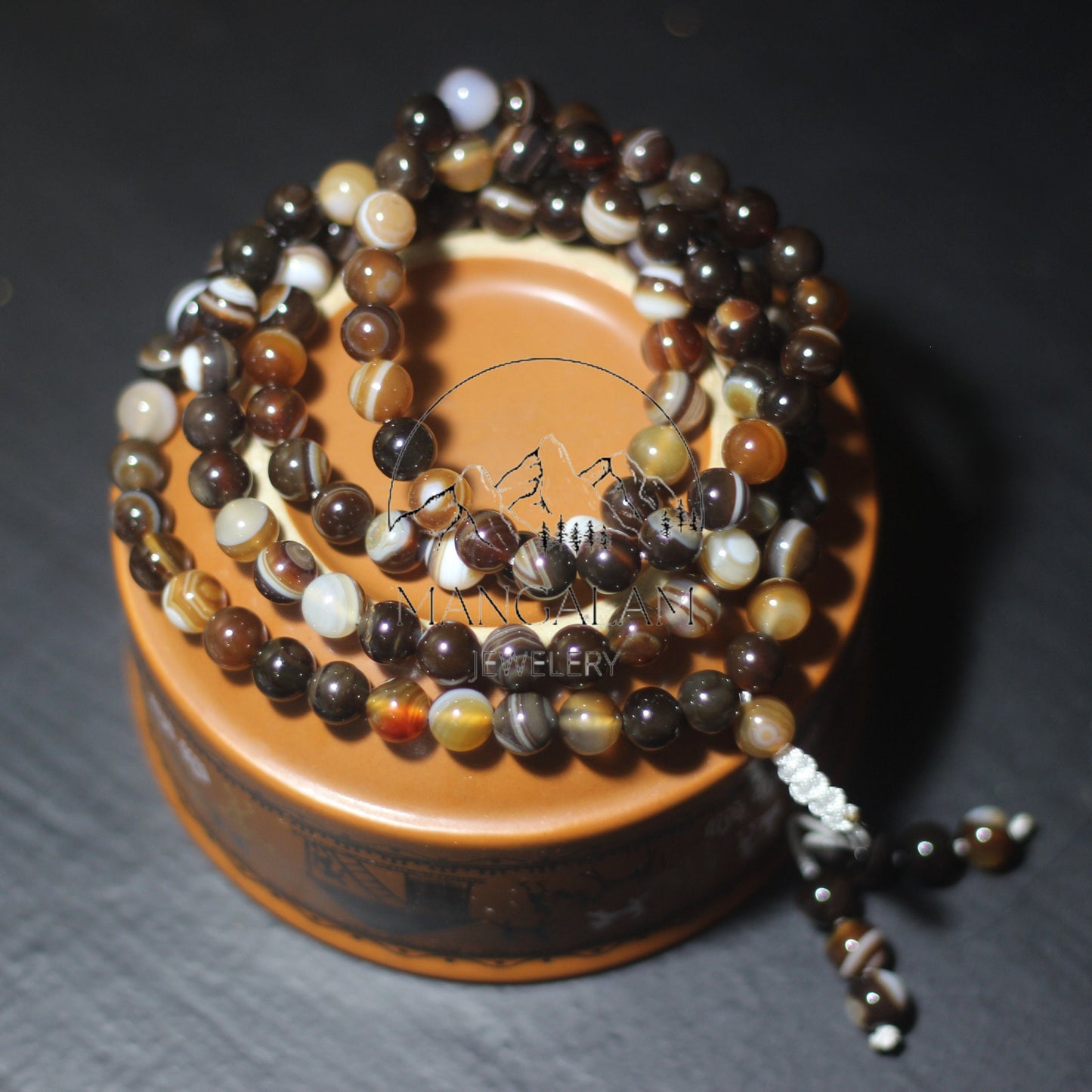 Banded Brown Agate Adjustable Necklace, Banded Brown Agate Mala, Statement Necklace, Yoga Gifts, 108 Mala Beads, Handmade Jewelry