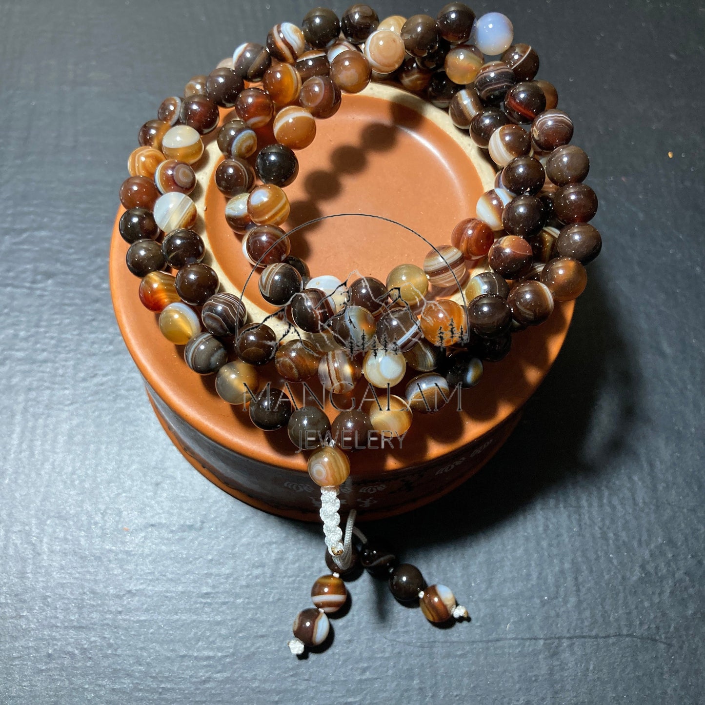 Banded Brown Agate Adjustable Necklace, Banded Brown Agate Mala, Statement Necklace, Yoga Gifts, 108 Mala Beads, Handmade Jewelry