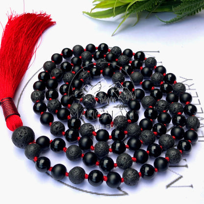 Earth's Elemental Harmony Mala Necklace, Volcanic Lava, Matte Black Onyx, Black Obsidian Beads Mala Necklace, 108 Mala Beads