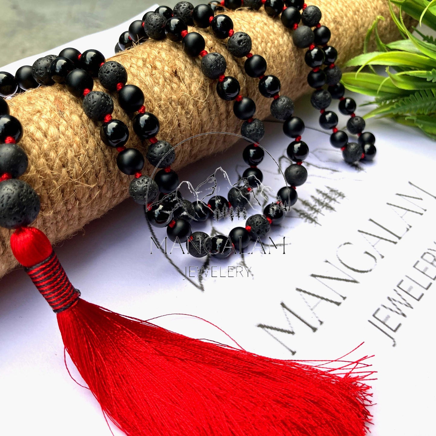 Earth's Elemental Harmony Mala Necklace, Volcanic Lava, Matte Black Onyx, Black Obsidian Beads Mala Necklace, 108 Mala Beads
