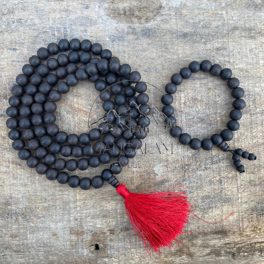 Matte Karungali Mala 10MM With Bracelet, Ebony Wood Mala, Wood Bead Necklace, Prayer Beads, Handmade Necklace
