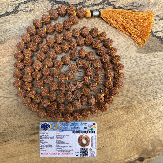 8 Mukhi Rudraksha Mala - Lab Certified, Rudraksha Necklace, 108 Beads, Gift For Yoga Lover, Handmade Jewelry