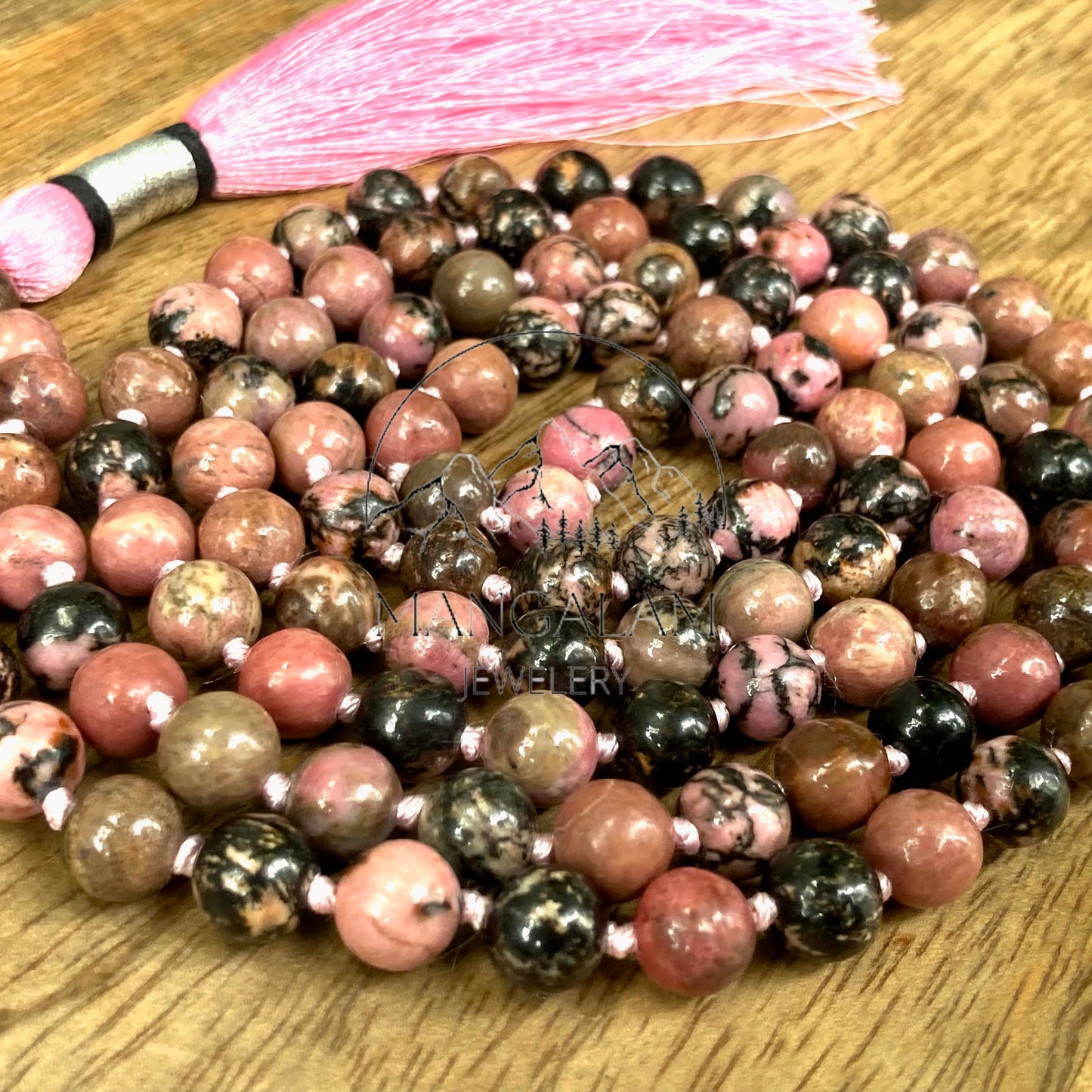 Healing Heart Mala, Rhodonite Mala 8MM, Rhodonite Necklace, Tibetan Mala, Yoga Gifts for Her, Spiritual Gifts, 108 Bead Mala, Japa Mala