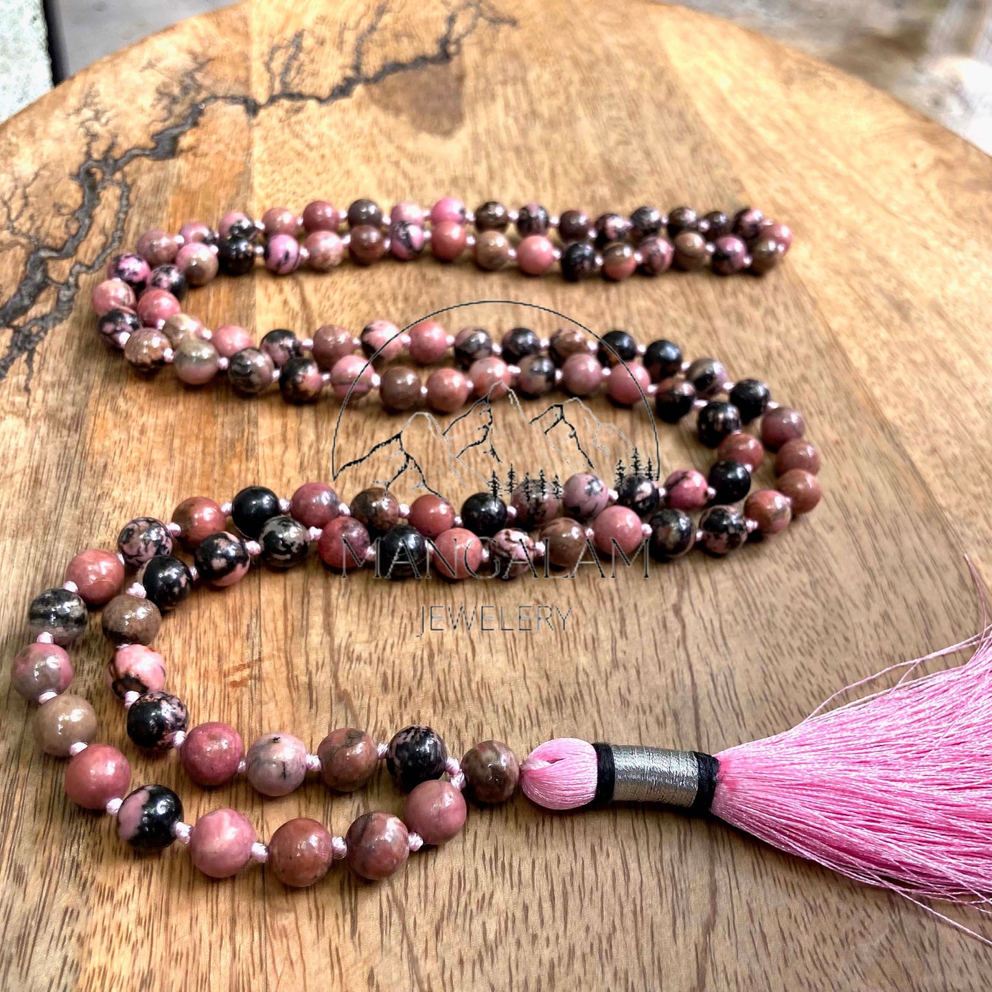 Healing Heart Mala, Rhodonite Mala 8MM, Rhodonite Necklace, Tibetan Mala, Yoga Gifts for Her, Spiritual Gifts, 108 Bead Mala, Japa Mala