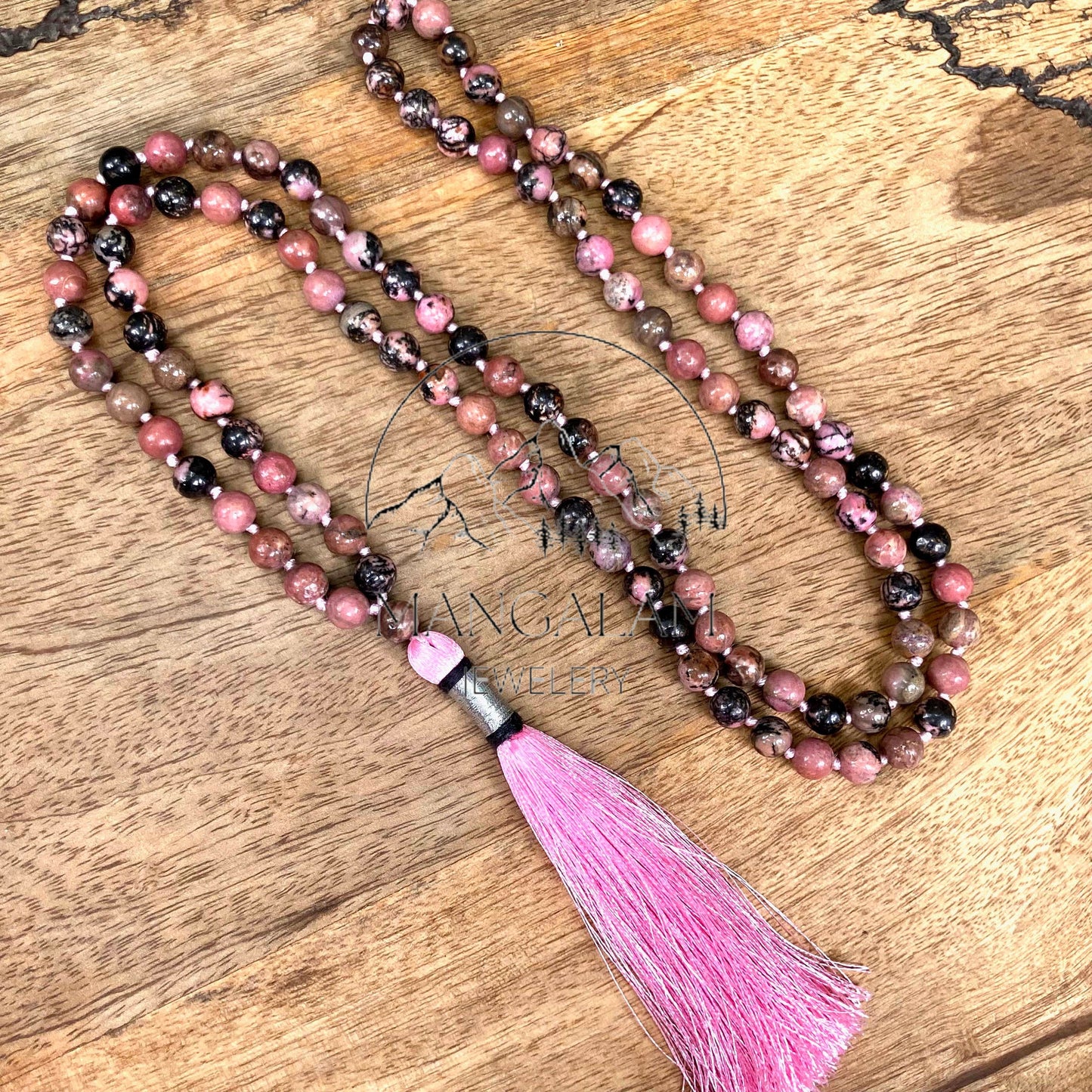 Healing Heart Mala, Rhodonite Mala 8MM, Rhodonite Necklace, Tibetan Mala, Yoga Gifts for Her, Spiritual Gifts, 108 Bead Mala, Japa Mala