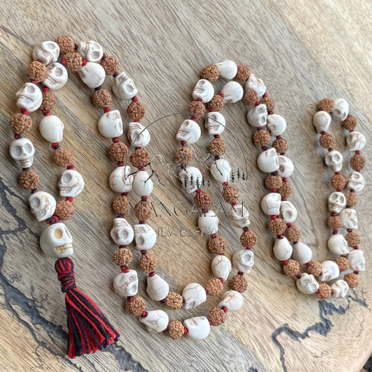 Howlite Skull Bead Necklace With Rudraksha, Meditation Beads, Skull Mala, Kali Beads, Skull Prayer Beads, Kali Mala, Hindu Mala