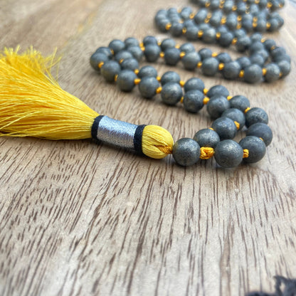 Golden Pyrite Mala For Making Wealth, Fools Gold Jewelry, Pyrite Necklace, Hand Knotted, Statement Necklace, Gift For Yoga Lover