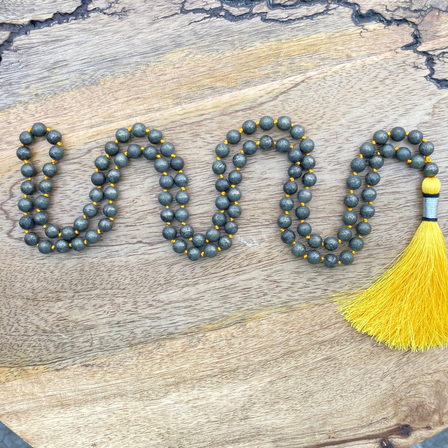 Golden Pyrite Mala For Making Wealth, Fools Gold Jewelry, Pyrite Necklace, Hand Knotted, Statement Necklace, Gift For Yoga Lover