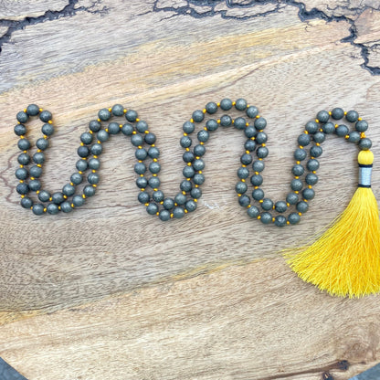 Golden Pyrite Mala For Making Wealth, Fools Gold Jewelry, Pyrite Necklace, Hand Knotted, Statement Necklace, Gift For Yoga Lover