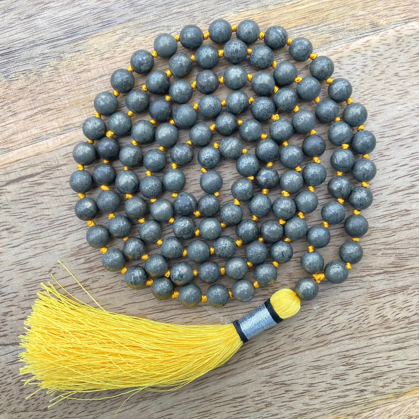Golden Pyrite Mala For Making Wealth, Fools Gold Jewelry, Pyrite Necklace, Hand Knotted, Statement Necklace, Gift For Yoga Lover