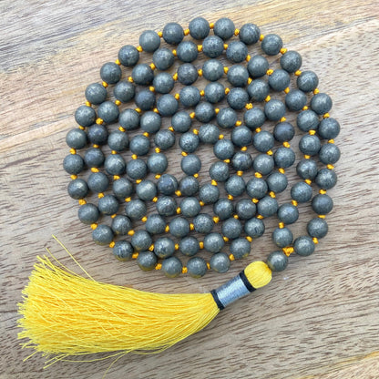 Golden Pyrite Mala For Making Wealth, Fools Gold Jewelry, Pyrite Necklace, Hand Knotted, Statement Necklace, Gift For Yoga Lover